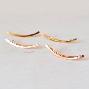 Minimalist 14k Gold Filled Ear Climber Earrings, Simple Curved Bar Ear Cuff image 2