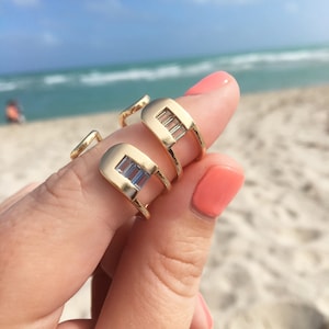 Aquamarine Baguette Safety Pin Ring, Adjustable Stone Ring, CZ Gemstone Gold Ring, Open Ring, Gold Cuff Ring, Double Band Ring