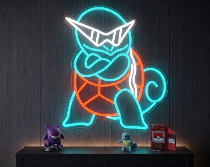 Neon Squirtle with Glasses LED Sign | Pokémon Squirtle Squad Light-Up Sign | Gamer Room Wall Decor, Streaming Setup, Geek Gift
