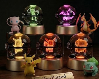 Crystal 15 Pokeball Night Light, 3D Laser Engraved LED Crystal Ball, Pokemon Inspired Decor