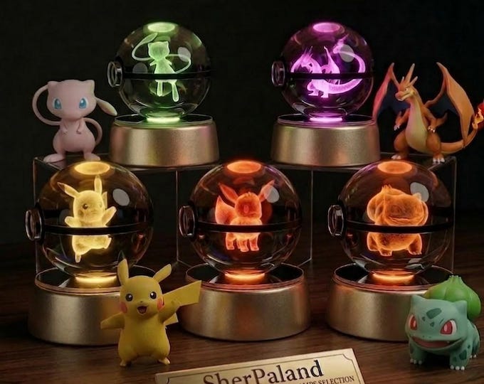 Crystal 15 Pokeball Night Light, 3D Laser Engraved LED Crystal Ball, Pokemon Inspired Decor