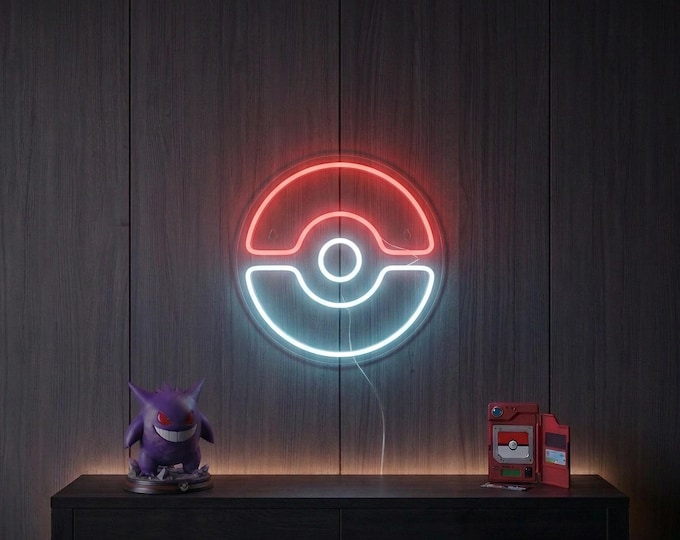 Poké Ball LED Neon Lamp, Gaming Wall Decoration, Pokémon Night Light, Geek Setup, Gamers Personalized Gift, Fan Light-Up Sign, Red and White