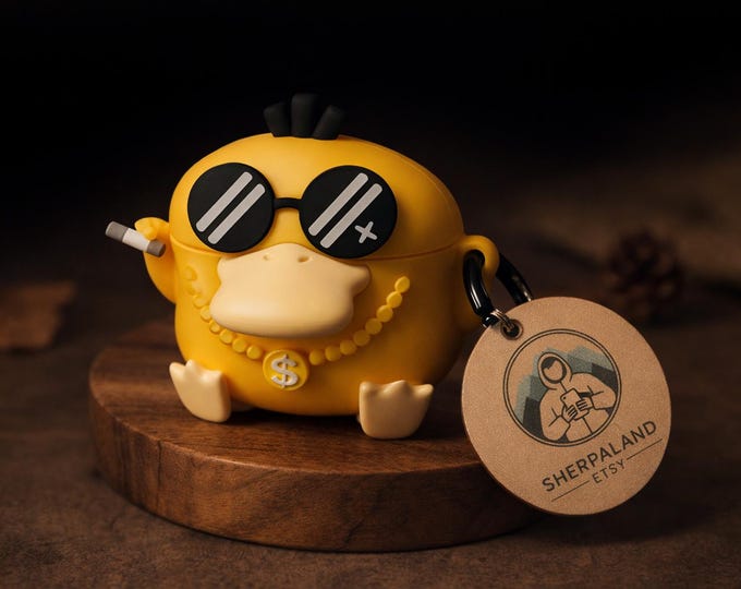 3D Psyduck Gangster Airpods Case | Yellow Silicone Shockproof Protective Case for Earphones, Funny Hip-Hop Style, Original Geek Gift