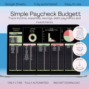 May include: A laptop screen displays a "Simple Paycheck Budgett" template. The spreadsheet tracks income, expenses, savings, and debt. Features include "Google Sheets," "Fully automated," and "Easy to use." Additional icons indicate global currency, beginner-friendly, and instant download.