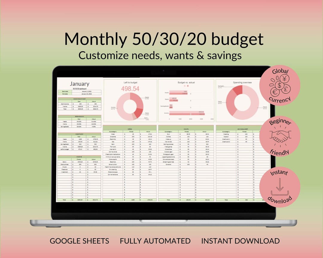 50/30/20 Budget Spreadsheet | Google Sheets | Monthly Budget Planner ...