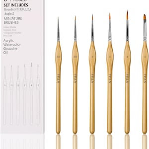 May include: A set of six miniature paint brushes with wooden handles and fine tips. The set includes round and angled brushes for acrylic, watercolor, gouache, and oil paints. The brush sizes are 5/0, 3/0, 0, 2, and 4.