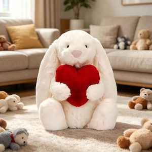 May include: A large, plush white bunny rabbit holding a red heart-shaped pillow. The bunny has long, floppy ears and a pink nose. The background includes a beige carpet and a sofa with other stuffed animals.