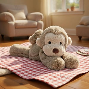 May include: A plush, light brown monkey toy with a tan face and a brown nose, lying on a red and white checkered blanket. The monkey has black eyes and is in a relaxed pose. The toy is designed for children.