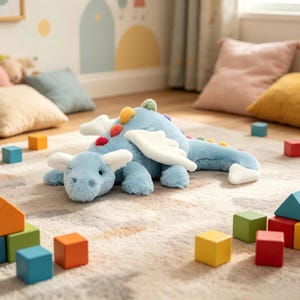 May include: A light blue plush dragon toy with white wings and ears, and colorful accents on its back. The dragon is lying on a patterned rug, surrounded by colorful wooden blocks. The toy is designed for children.