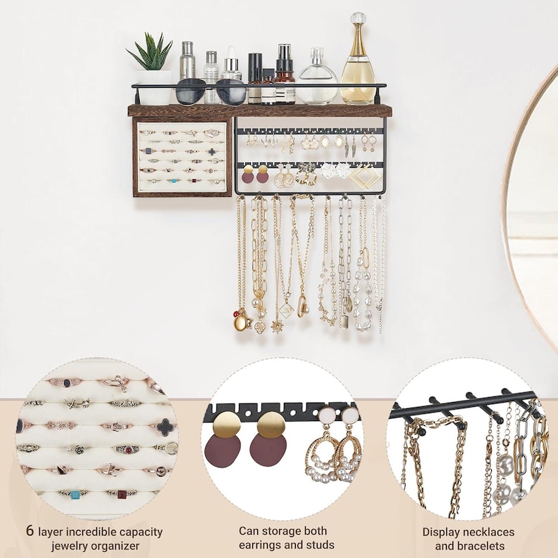 May include: A black metal and wood jewelry organizer with multiple storage options. It features a shelf for bottles and plants, a ring display, earring holders, and necklace and bracelet displays. The text reads: "6 layer incredible capacity jewelry organizer".