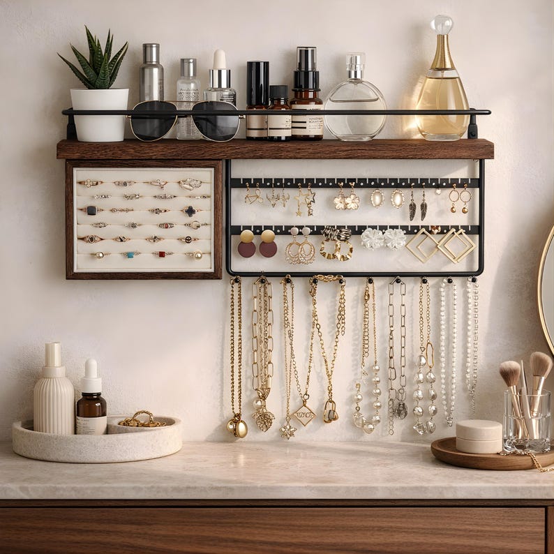 May include: A wall-mounted jewelry organizer with a dark wood shelf and black metal frame. The shelf holds sunglasses, perfumes, and a small potted plant. The organizer displays rings, earrings, and necklaces. The jewelry is gold and silver-toned.