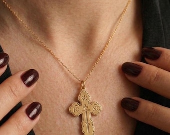 14K Gold Tiny Orthodox Cross Necklace, IC XC NIKA Crucifix,  Dainty Eastern Orthodox, Greek Orthodox Cross Necklace, Christian Pendant Gift
