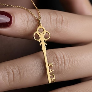 14K Gold Custom Key Name Necklace – Dainty Script Nameplate & Key Charm Pendant, Meaningful Gift Jewelry