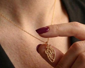 14K Gold Anatomical Heart Necklace – Human Heart Pendant, Gold Anatomy Jewelry, Surgeon & Medical Gift