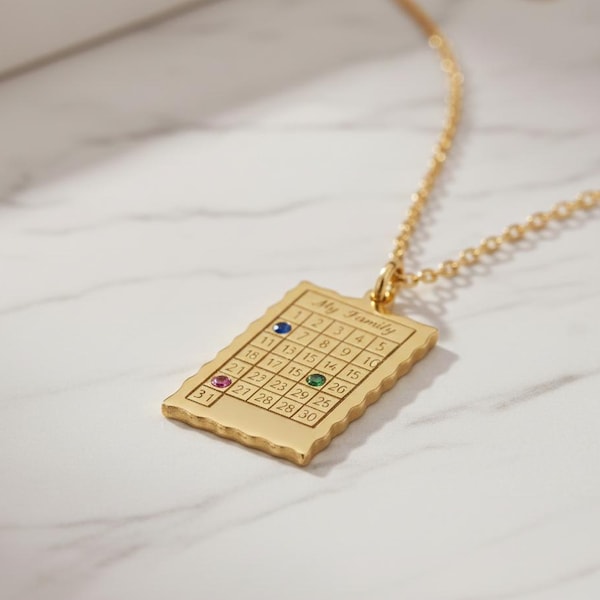 14K gouden geboortesteenkalenderketting, gepersonaliseerde datumaandenken