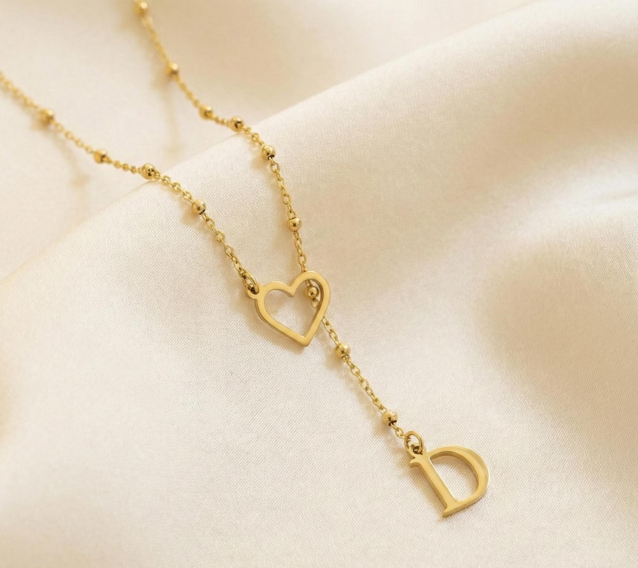 14K Gold Heart Initial Lariat Necklace, Custom Asymmetrical Drop Pendant