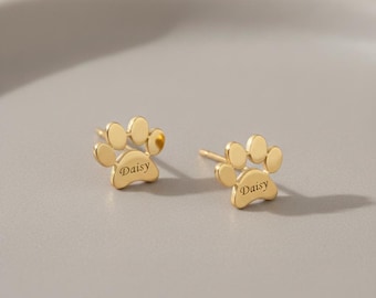 14K Gold Haustier Name Pfoten Ohrringe |  Personalisierter Pfotenabdruck Schmuck | Hunde Mama Geschenk | Haustier-Denkmal-Andenken