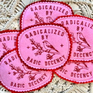 K&ouml;nnte beinhalten: Rosa Filzuntersetzer mit rotem, gewelltem Rand. Jeder Untersetzer tr&auml;gt den Text "RADICALIZED BY BASIC DECENCY" und einen roten, gestickten Vogel auf einem bl&uuml;henden Zweig. Ein Set dekorativer Getr&auml;nkeuntersetzer.