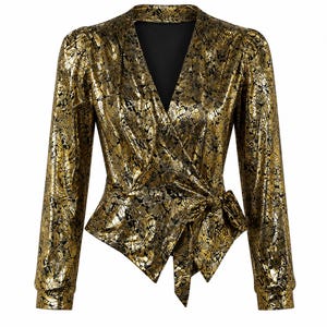 Vintage Metallic Gold Wrap Blouse Long Sleeve Party Elegant Statement Top -Size M