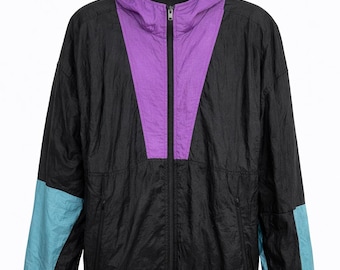 Vintage 90s Retro Unisex Windbreaker Jacket Black Purple Teal Oversized L