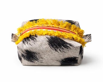 Upcycled Handmade Makeup Bag Yellow Fringe Cosmetic Pouch Sustainable Beauty Organizer Unique Toiletry Bag Eco Friendly Travel Pouc