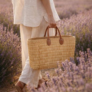 Pode incluir: Uma cesta retangular de vime com alças de couro marrom é carregada por um campo de lavanda. A cesta é feita de vime marrom claro e tem formato retangular. As alças são de cor marrom escuro.