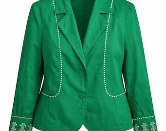 Vintage Green Cotton Blazer Size 14 (UK) Embroidered 90s Boho Jacket Women