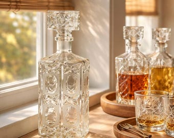 Vintage Cut Glass Decanter with Stopper – Crystal Whiskey Decanter 23cm – Elegant Barware, Mid Century Style, Home Bar Decor