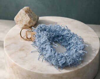 Handmade upcycled fabric key chain light blue sustainable scrunch keyring