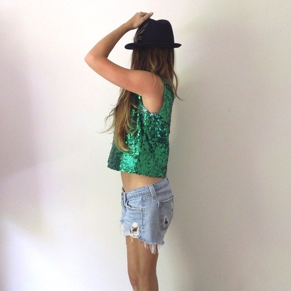 Bright Green Sequin Tank  //  Sequin Trophy Crop Top  //  Cropped Boxy Fit