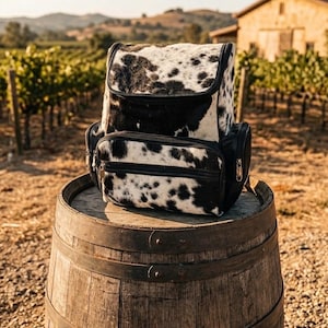 May include: A cowhide backpack with black leather accents and multiple zippered compartments sits atop a wooden barrel. The backpack features a black and white spotted pattern. The background shows a vineyard and a building.