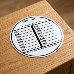 Naklejka na kartę DOPE na dekielek obiektywu lunety – zestaw 5 sztuk (karta danych do strzelania na duże odległości)