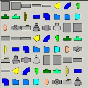 Puede incluir: Una cuadrícula de ilustraciones 2D de tuberías, accesorios y válvulas grandes. Las formas son de varios colores, incluyendo amarillo, azul, verde y gris. El texto en la parte superior dice "2D Large Piping, Fittings, and Valves."