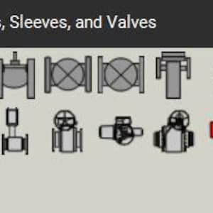 Puede incluir: Una ilustración de varios reguladores, manguitos y válvulas industriales. La imagen presenta una colección de dibujos lineales en tonos grises, con algunos componentes resaltados en rojo. El texto "Regulators, Sleeves, and Valves" está en la parte superior.