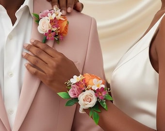 Bunter Blumen Boutonniere und Handgelenk-Corsage-Satz oder getrennt, Pfirsich-Rosen-Prom-Corsage, blush Hochzeitsblumen, Brauthandgelenk-Corsage-Set