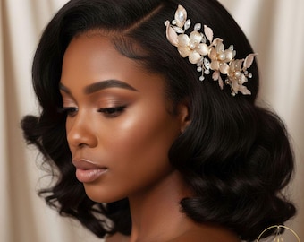 Peineta nupcial de oro perlado con cristales, accesorio para el cabello de boda para novia, tocado floral romántico