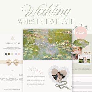 May include: A wedding website template with the word "Wedding" at the top. The template includes sections for dress code, FAQ, and the couple's story. The website design features a Monet-style painting and the names "Olivia & William".