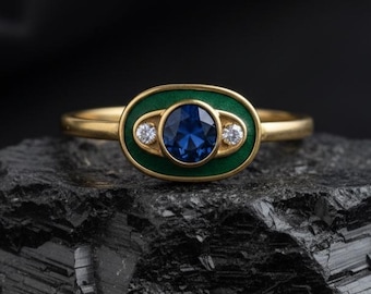 Blue Sapphire Ring, Green Enamel Diamond Halo Ring, Vintage Gold Statement Ring for Women, Art Deco Promise Ring,Silver Anniversary Gift Her
