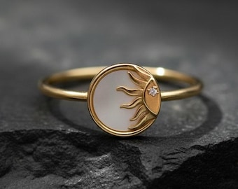 Sun & Moon Mother of Pearl Diamonds Ring, Dainty Gold Celestial Ring for Women, Silver Shell Jewelry, Sunburst Ring,Unique Promise Gift Ring
