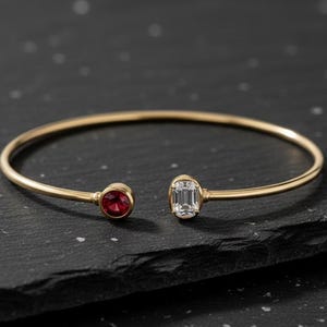 Ruby & Diamond Open Cuff Bracelet, 14k Gold Wedding Cuff Bracelet, Everyday Bracelet, Adjustable Stackable Jewelry, Anniversary Gift for Her