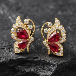 May include: A pair of gold butterfly earrings featuring red gemstone wings and small white gemstones. The earrings are displayed on a dark, textured surface.