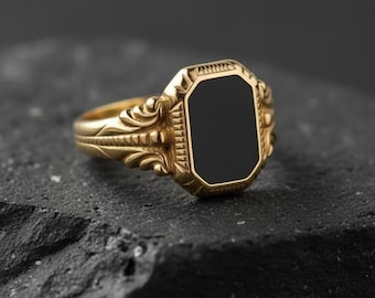 Men's Natural Black Onyx Signet Ring, 14k Gold Statement Ring for Women, Men's Wedding Ring, Gold Promise Ring, Birthday Gifts Her or Him