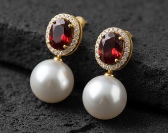 Garnet & Pearl Wedding Earrings, 14k Diamonds Bridal Earrings, Oval Halo Gemstone Engagement Jewelry Gift for Women,Romantic Jewelry for Her