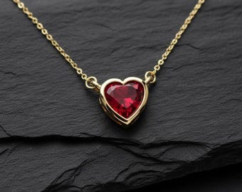 Natural Ruby Heart Necklace, 14K Gold Heart Necklace, Pinky Gemstone Necklace for Women, Romantic Valentine Gifts, Silver Wedding Jewelry