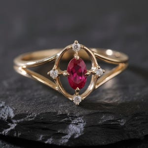 Oval Cut Ruby Solitaire Ring,14K Gold Diamond Ring, July Birthstone Ring, Dainty Promise Ring, Vintage Stacking Ring, Christmas Gift for Her