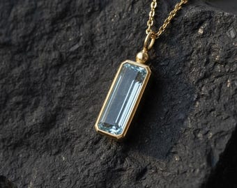 Emerald Cut Aquamarine Necklace, 14K Gold Pendant, Natural Blue Gemstone, Vintage Crystal Jewelry, Anniversary or Birthday Gift for Women