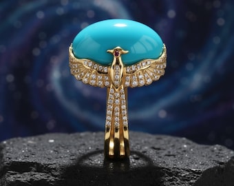 Natural Sleeping Beauty Turquoise Ring, Blue Gemstone Ring, 14k Gold Statement Ring, December Birthstone Jewelry, Victorian Anniversary ring