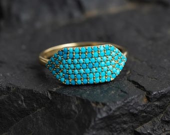 Anillo de banda ancha con pavé turquesa de la Bella Durmiente para mujer, alianza de oro de 14 k, anillo de promesa, anillo de aniversario de 8 m, regalo de joyería bohemia para ella