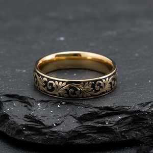 Flower Wedding Ring, Engraved Gold Ring, Flower Ring, Scroll Pattern Band, Unisex Wedding Ring, Antique Style Ring, Anniversary Gift for Him