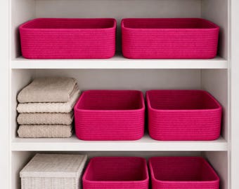 Cestino portaoggetti in corda di cotone fatto a mano, organizer beige fucsia, decorazione per mensola della cameretta dei bambini